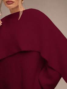 SHEIN BAE Women's Elegant Burgundy Solid Color Loose Knit Casual Pullover Sweater,Autumn Christmas Sweater,Red Top,Fall Winter Clothes For Dining - Burgundy - View 8