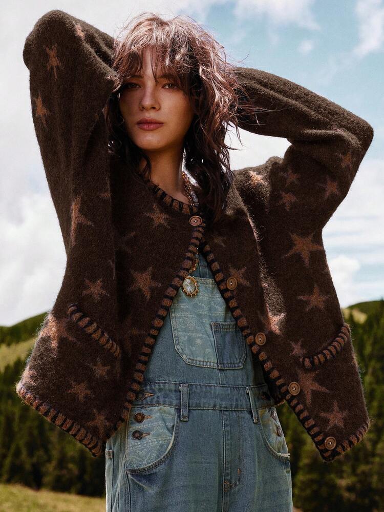 Bohemela Boho Spring/Winter Outerwear, Women's Casual Vintage Star Jacquard Dual Pocket Versatile Long Sleeve Open Fuzzy Vintage Loose Knit Cardigan, Western Country Style Concert Vacation Suitable For Beach Vacation & Daily Wear & Back To School & Going Out & Party , New Year , Valentines ,Vintage 2000s , Y2k Summer Holiday , Beach - Brown - View 3