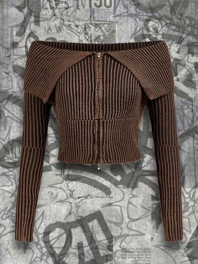 Y2Kool BiGraphic Cárdigan con cremallera y hombros descubiertos en color caqui para mujer, suéter corto de color marrón otoñal con hombros descubiertos, suéter con cremallera para mujer, cárdigan corto acanalado, idea de combinación para el invierno