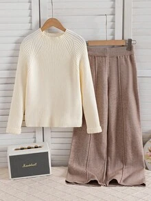 Sparklyn Tween Girls' Brown & White Sweater Set, Loose Fit Soft & Comfortable Pants, Suitable For Home, Vacation, Christmas Party, Halloween Party, New Year Party, Back To School, Winter - Apricot - View 3