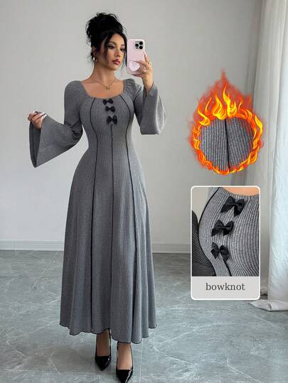 Al Najma Women's Long Sleeve Ribbed Knit Bowknot Split Fitted A-Line Arabic Style Dress