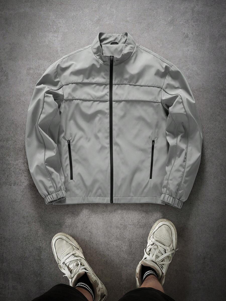 Manfinity Hypemode 男士休闲街头风拉链立领长袖防风夹克，灰色科技风夹克 - 淺灰色 - 查看 1