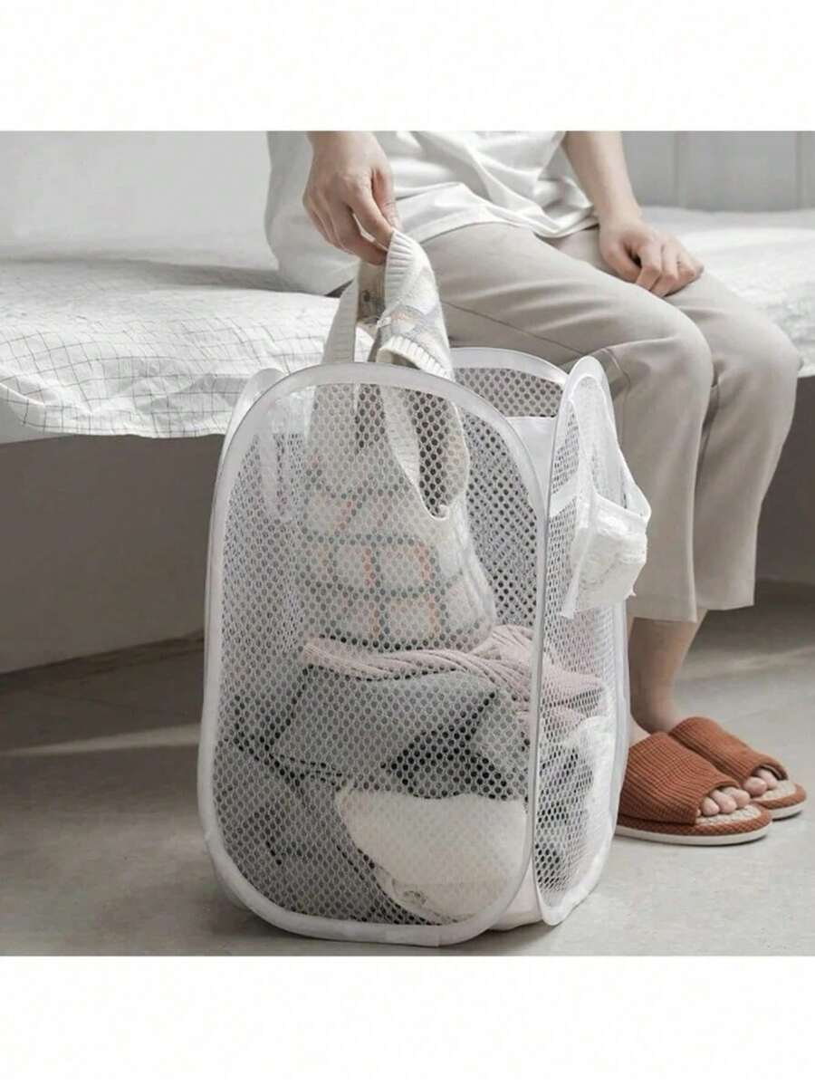 Foldable Laundry Hamper With Pockets, Large Collapsible Mesh Clothes Basket With Handles, Space Saving Storage For Dormitory Apartment Closet - bright white - View 1