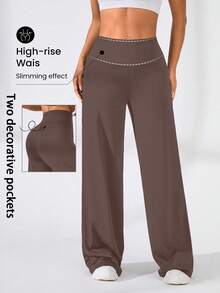 Eassivo Eassivo High Waisted Butt-Lifting Wide Leg Yoga Pants With Faux Pockets, Women Sports Long Trousers - Brown - View 1