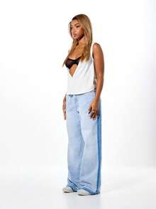SUMWON WOMEN High Rise Wide Leg Palazzo Jeans With Contrast Side Panel Detail For Women