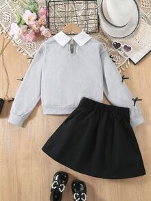 Elladie kids 两件套少女学院风翻领卫衣，英文印花，搭配时尚百褶裙，袖口饰有撞色缎带和蝴蝶结，舒适针织面料，充满青春活力，适合上学或休闲外出穿着。 - 彩色 - 查看 2