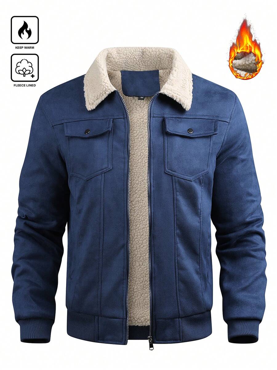Manfinity Homme Áo khoác dài tay nam lót lông cừu, cổ lông cừu, lót da lộn giữ nhiệt. - Màu xanh hải quân - Xem 1