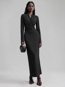 Ontre Vestido largo de mujer para otoño/invierno 2025, color negro, plisado, cintura ceñida, cuello en V, manga larga, minimalista y elegante, para uso en la oficina