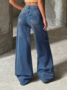 EURMUSE RueChic VINTAGE WASH HIGH WAIST WIDE LEG CUT ASYMMETRIC BELT DETAIL - Dusty Blue - View 2