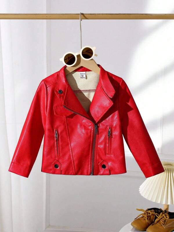 SHEIN Chaqueta de motorista con cremallera y solapa con tachuelas para niña, adecuada para primavera/otoño, estilo callejero y chaqueta para actuaciones. Chaqueta de motorista roja, chaqueta roja para niña, chaqueta de motorista roja para niña