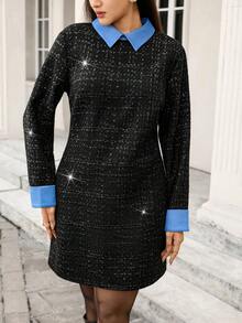 SHEIN LUNE Große Größen Damen Herbst und Winter Schwarze Kleider für Frauen Neujahrskleid Schwarz und Blau Pendlerkleid Thanksgiving Outfit für Frauen Langarm Weihnachtsparty Kleid Elegante Kleider für Frauen Arbeitskleidung Damen Kleid Schwarze Kleider für Frauen Schwarzes Hemdkragen Langarm elegantes Kleid, das die Taille betont Ausgehkleid Marineblauer Stil Blau und Schwarz A-Linien Kleid - Schwarz - Übersicht 7
