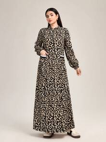 Al Najma Women's Mandarin Collar Raglan Sleeve Loose Leopard Print Half-Placket Elegant Abaya Dress - Multicolor - View 3