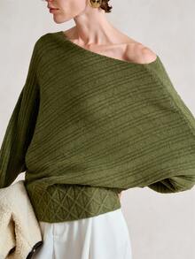 SHEIN Stylify Elegante suéter de cuello redondo con mangas de murciélago a rayas verdes, adecuado para el transporte en otoño/invierno - Verde - Ver 6