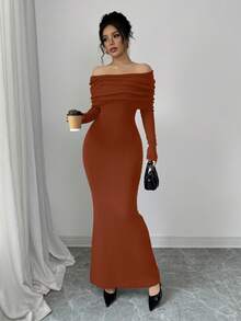 Selianne Off Shoulder Fitted Strapless Fishtail Maxi Sweater Dress, Suitable For Valentine's Day - Orange - View 9