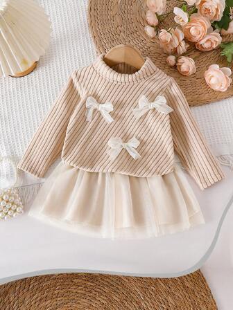 SHEIN 2 st/set ribbad polotröja med 3D-rosettdekoration och tyllkjol för babyflickor, söt, söt och elegant mode för babyflickor på hösten/vintern