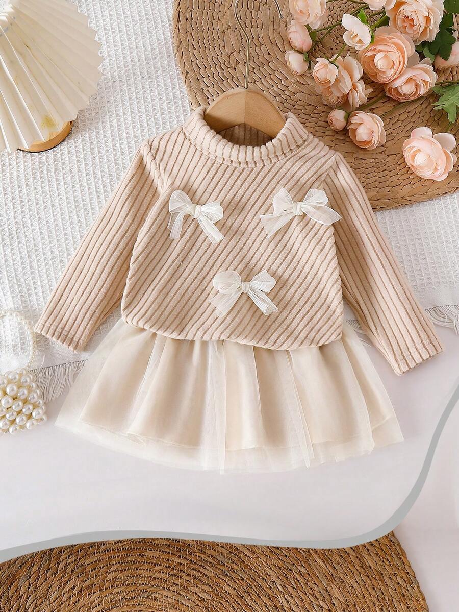 SHEIN 2pcs/Set Baby Girls Ribbed Turtleneck Top With 3D Bow Decor & Tulle Skirt Outfit, Sweet, Cute, Elegant, Fashion For Baby Girls In Autumn/Winter