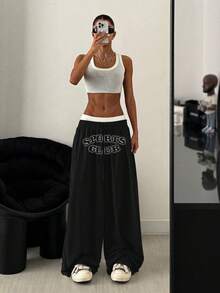 StreetHx 女士休闲宽松英伦印花阔腿运动裤 - 黑色 - 查看 4