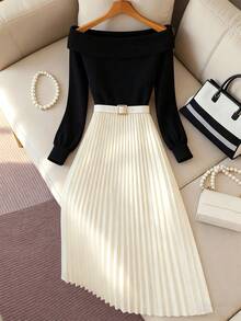 Franclia Váy xòe trễ vai xếp ly co giãn cho nữ - màu đen - Xem 3