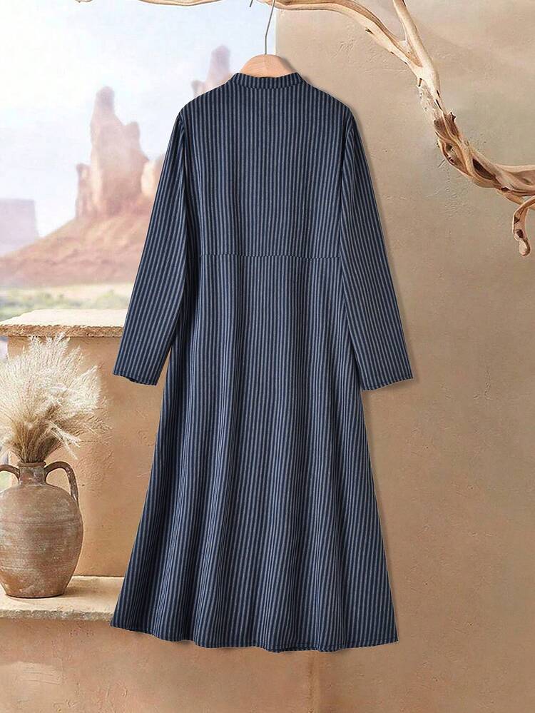 Damen Stehkragen gestreiftes Langarm Kleid mit Rüschensaum, Lässig