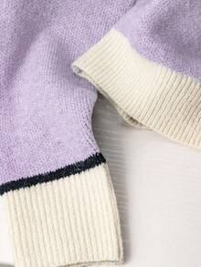 SHEIN LUNE Women's Contrast Color Round Neck Cardigan, Regular Fit, Spring/Autumn - Mauve Purple - View 3