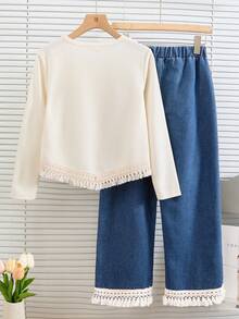 2 件套青少年女孩宽松休闲优雅设计圆领长袖 V 形褶边下摆上衣和直筒褶边牛仔裤休闲装，适合所有季节 - 米色 - 查看 2