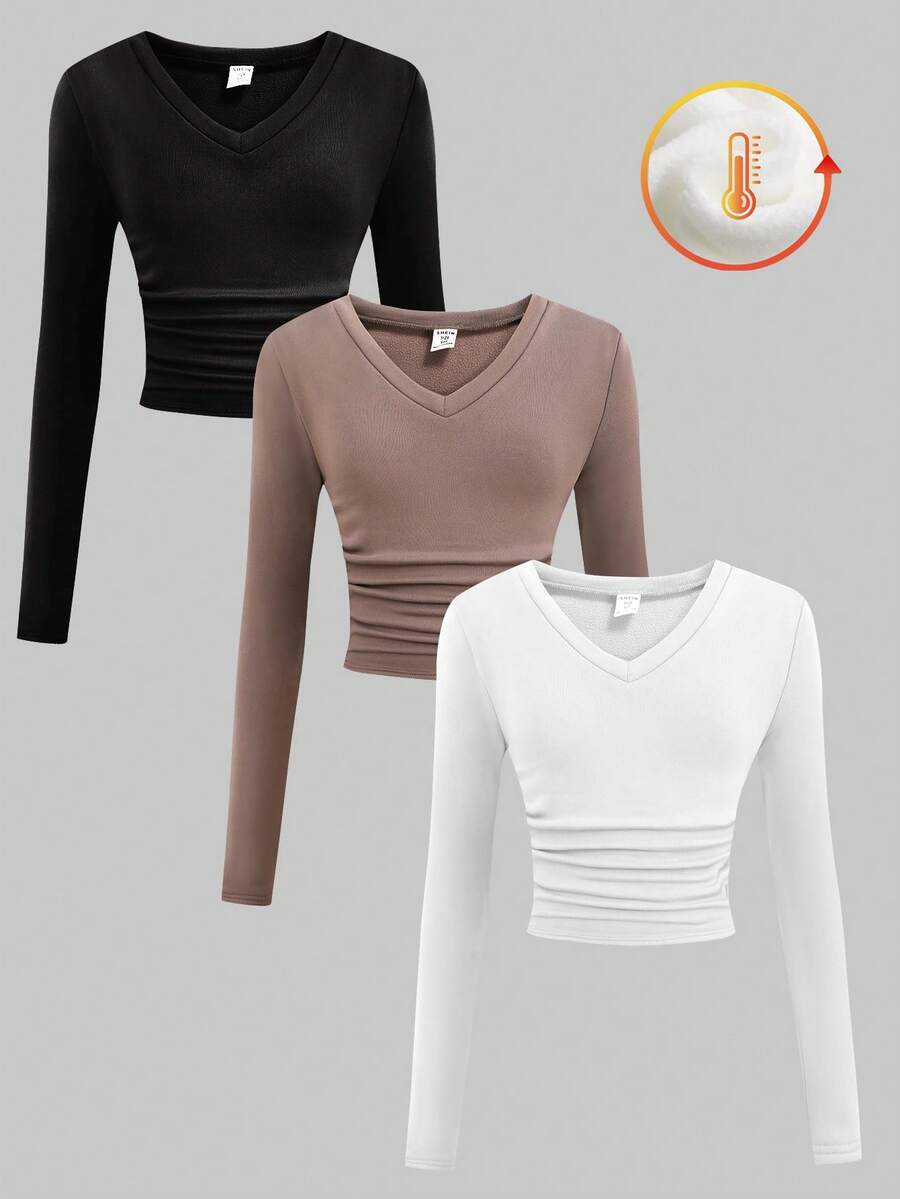SHEIN All-Match Color Knit Fleece V-Neck Ruched Waist Slim Fit Long Sleeve Base Layer Casual T-Shirt Top, Winter - Multicolor - View 1