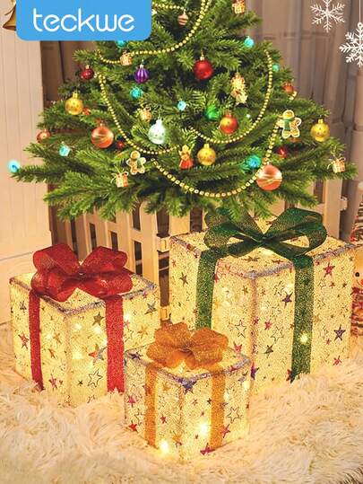 Teckwe 3pcs Christmas Lighted Gift Boxes, Decoration Boxes With Plug, Bows, Artificial Pine Leaves And Pine Cones For Christmas, Weddings Yard Home Holiday Art Halloween Decoration