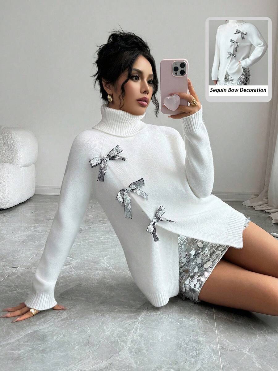 Elenzga Damen eleganter Pullover, Langarm, Schleifendekor, weich und bequem, geeignet für den Alltag, Herbst/Winter - Weiss - Übersicht 1