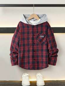 SHEIN Tricou cu glugă în carouri pentru băieți preadolescenti, potrivit pentru naveta, școală, casual, facultate, sport, toamnă/iarnă, poate fi asortat cu cardigan maro, cardigan roșu, haină de băieți, cadouri de Halloween, cardigan albastru, hanorac de Crăciun, salopetă, pantaloni scurți, costum de Halloween pentru copii - Multicolor - Vizualizare 3