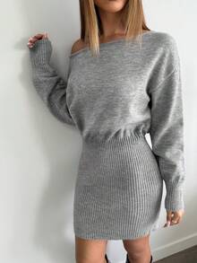Aloruh Sexy Asymmetric Neck Oblique Collar Knit Sweater Dress, Comfortable & Elegant, Suitable For Dating, Casual, Travel In Autumn/Winter - Grey - View 8