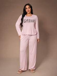 Lazeform Bộ đồ ngủ in chữ màu hồng đơn giản cỡ lớn, quần áo thu đông - Hồng - Xem 5