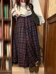 DAZY 女士格子休闲中长宽松A字裙 - 紅色 - 查看 5