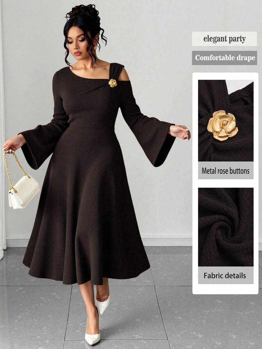 SHEIN Elenzya Gaun Pesta Maxi Bodycon Elegan untuk Wanita Ukuran Plus, Warna Polos, Rajutan Bergaris, Bahu Asimetris, Lengan Mengembang, dan Hiasan Ruffle - Coffee Brown - View 1