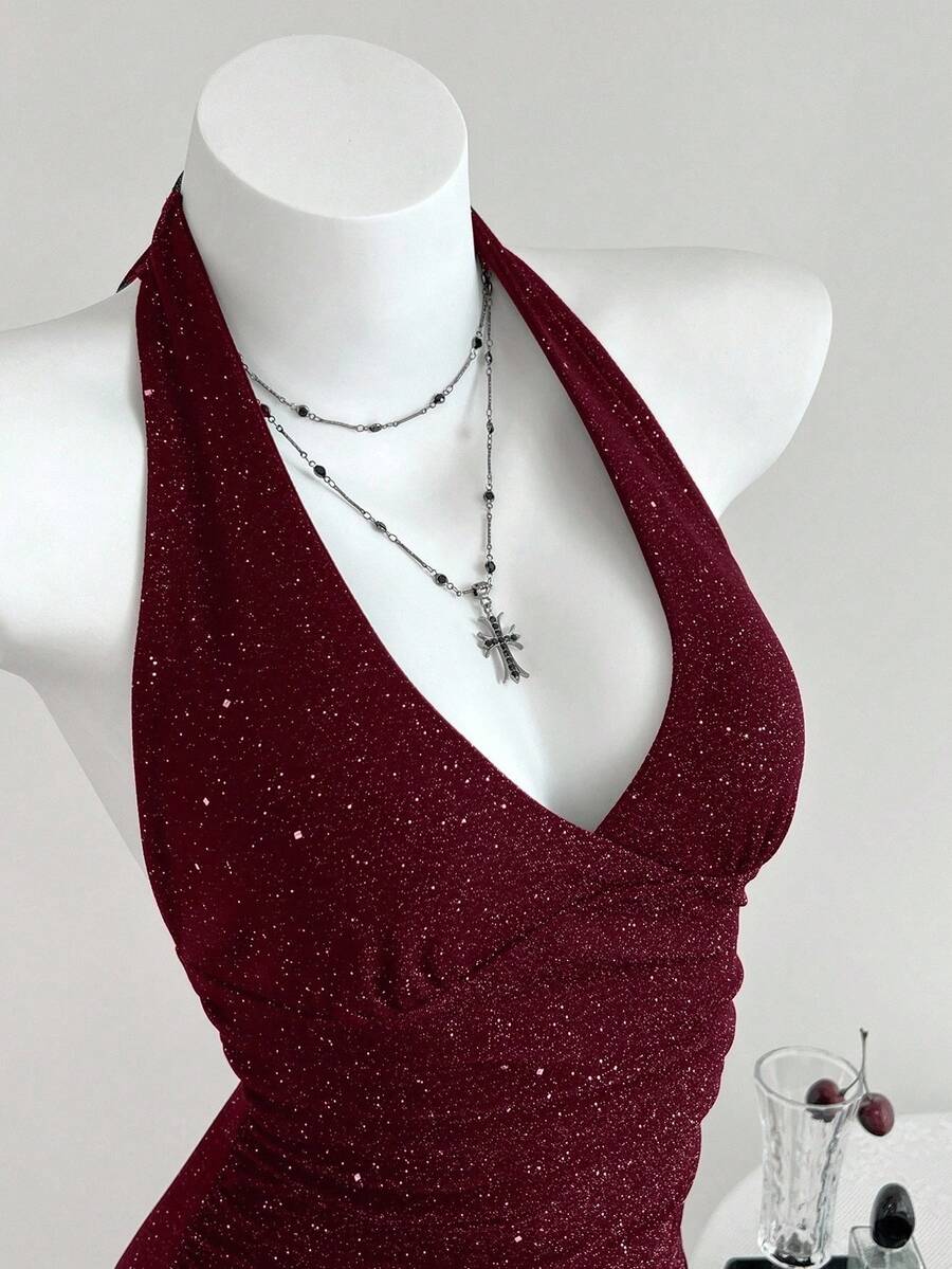 Elamini 百搭交叉深 V 领褶饰紧身衣，适合春、夏、秋、冬