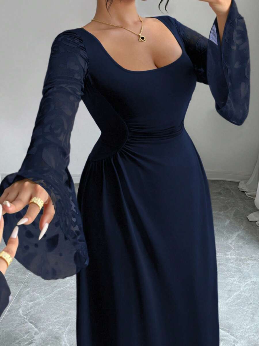 Elenzga 女式加大码法式黄色长袖方领连衣裙，修身设计，优雅提花网眼长袖超长连衣裙 - 藏蓝色 - 查看 1