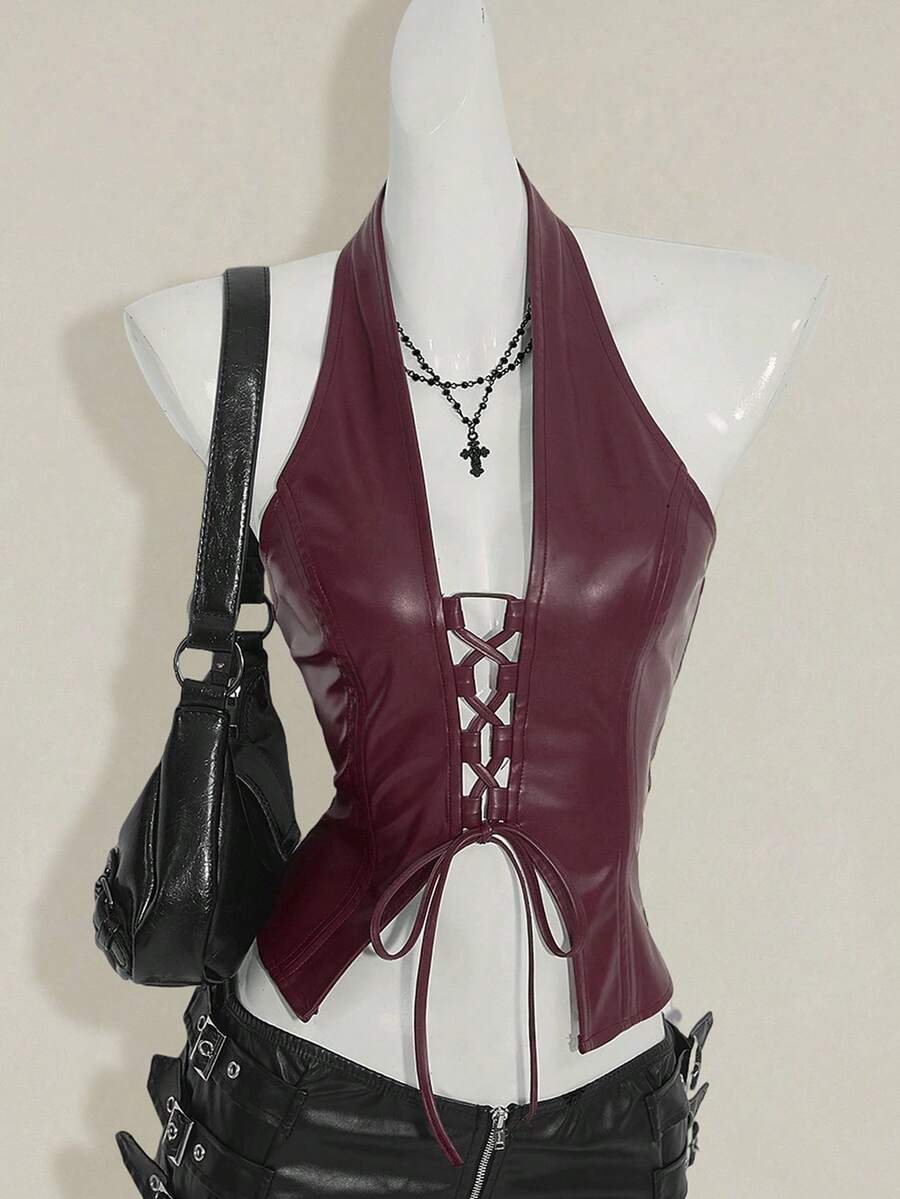 SHEIN ICON Y2K Women's Burgundy PU Goth Fashion Sexy Criss-Cross Backless Halter Top,Sexy Tops - Burgundy - View 1