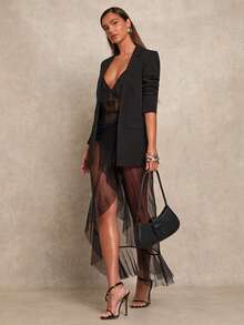 Glamine Women's Elegant Sexy Mesh Polka Dot Spaghetti Strap Ruffle Hem Sheer Dress Sheer Dress Women Black Sheer Dress Black Beach Cover Up Black Swimsuit Cover Up Mesh Maxi Dress - Black - View 3