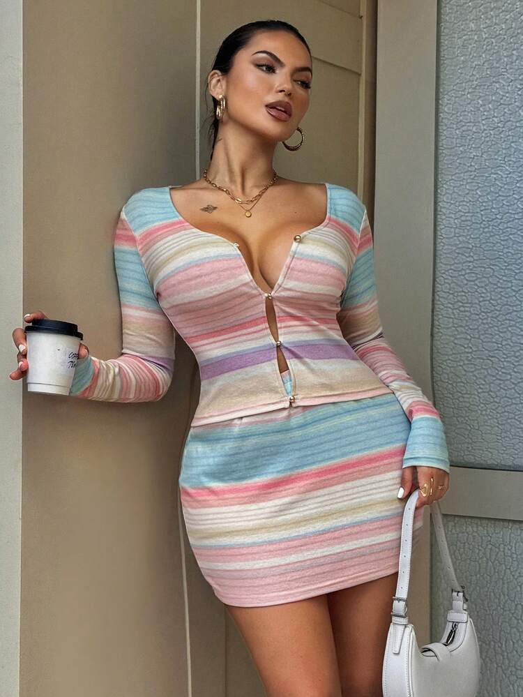 Women's Colorful Striped Bodycon Two Pieces Set
