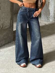 EURMUSE RueChic VINTAGE WASH HIGH WAIST WIDE LEG CUT ASYMMETRIC BELT DETAIL - Dark Wash - View 5