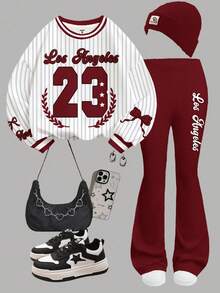 SHEIN Leap Crew 复古运动风，酒红色芭蕾舞蝴蝶结条纹字母28针织印花，少女针织圆领宽松印花卫衣和喇叭裤两件套，秋季穿搭，轻松舒适，适合儿童秋季叠穿，时尚童装，休闲服饰，儿童印花服装，返校季，秋季服装，返校节，适合户外野餐、街头摄影、居家、校园 - 白色 - 查看 5