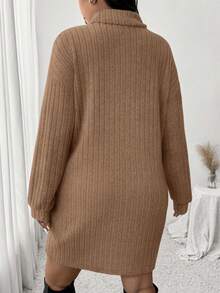 SHEIN Frenchy Vestido de cuello alto acanalado con textura suave, de estilo minimalista y casual, talla grande, adecuado para el tiempo libre y el hogar, otoño/invierno - Caqui - Ver 2