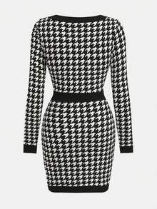 SHEIN Girlism Váy dài tay cổ tròn họa tiết răng sói đen trắng thanh lịch, thời trang cổ điển, thích hợp mặc khi đi làm, đi chơi Giáng sinh, Lễ tạ ơn, có khóa kim loại trang trí, có thể mặc trong nhà và ngoài trời - Đen và trắng - Xem 2