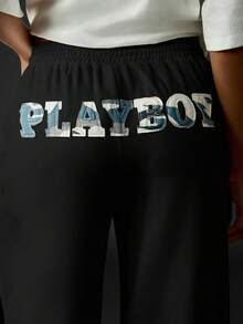 Missguided x Playboy MISSGUIDED Wide Leg Joggers With Drawstring Waist And Logo Detail For Casual Loungewear