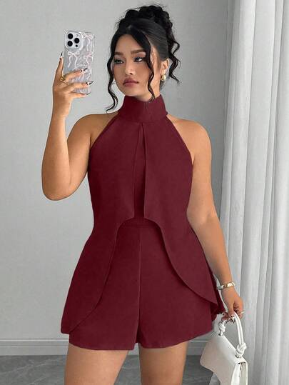 Elenzga Macacão Regata Gola Alta de Cor Sólida Plus Size para Mulheres, Verão