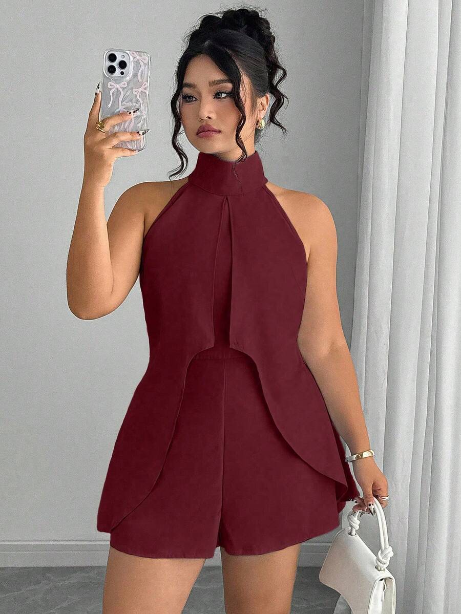 Elenzga 夏季女式加大码纯色高领无袖连体裤 - 酒紅色 - 查看 1