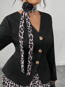 SHEIN Elenzya 女士优雅百搭黑色西装外套和豹纹中长裙两件套，适合日常通勤 - 彩色 - 查看 7