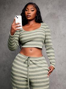 SHEIN SXY 2pcs/Set Plus Size Women Green Striped Crew Neck Tight T-Shirt And Striped Pants, Autumn/Winter - Multicolor - View 7