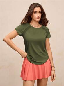 Activina 女式简约圆领插肩袖运动T恤，夏季健身衫