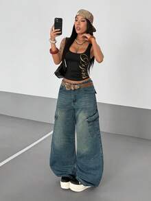 StreetHx Women's Fashion Loose Fit Belted Cargo Style Jeans