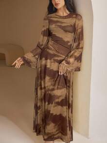 Veilorie Women's Fashion Casual Smudge Pattern Dress - Coffee Brown - View 5